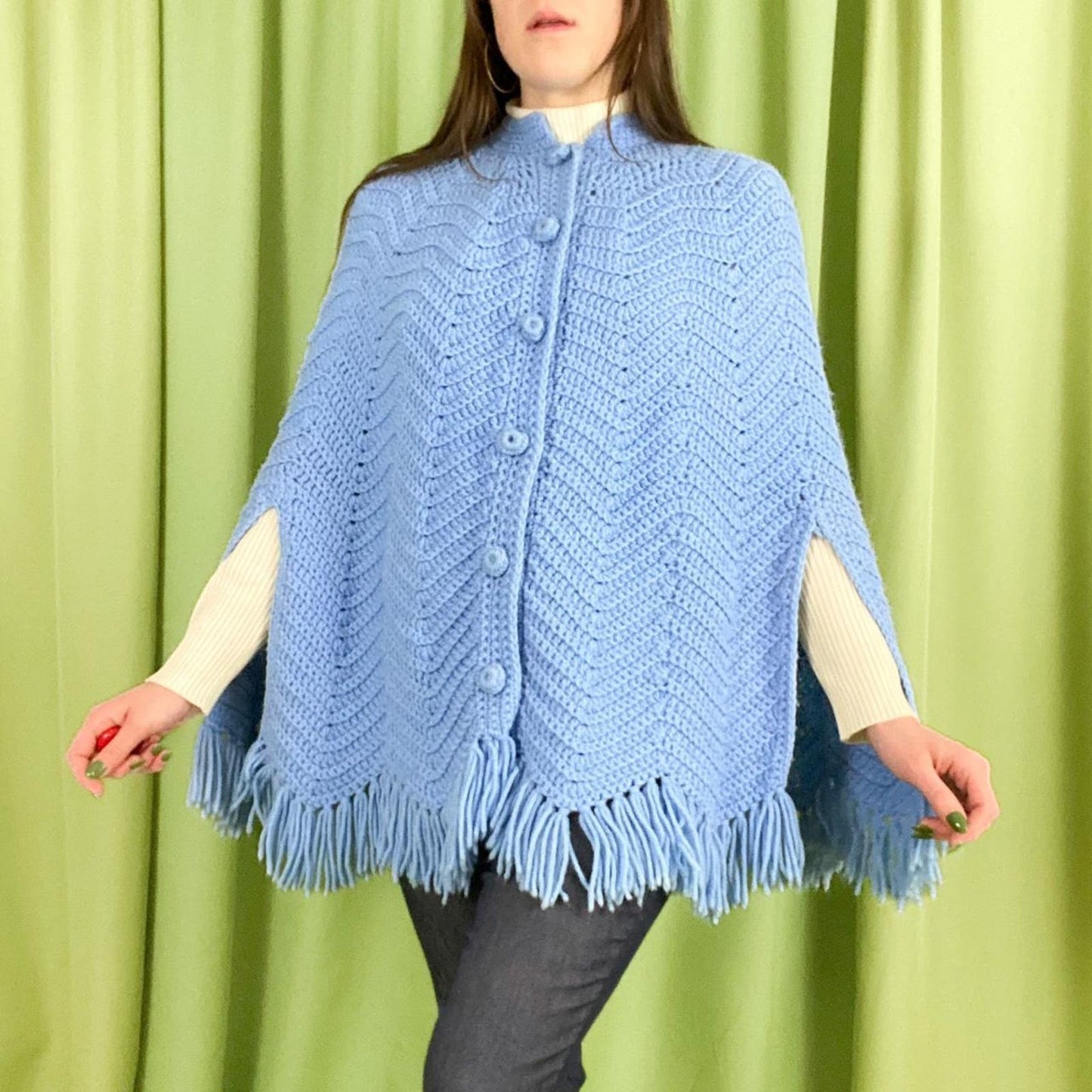 70s Vintage Periwinkle Blue Chevron Knit Mock Neck Poncho with Fringe Trim