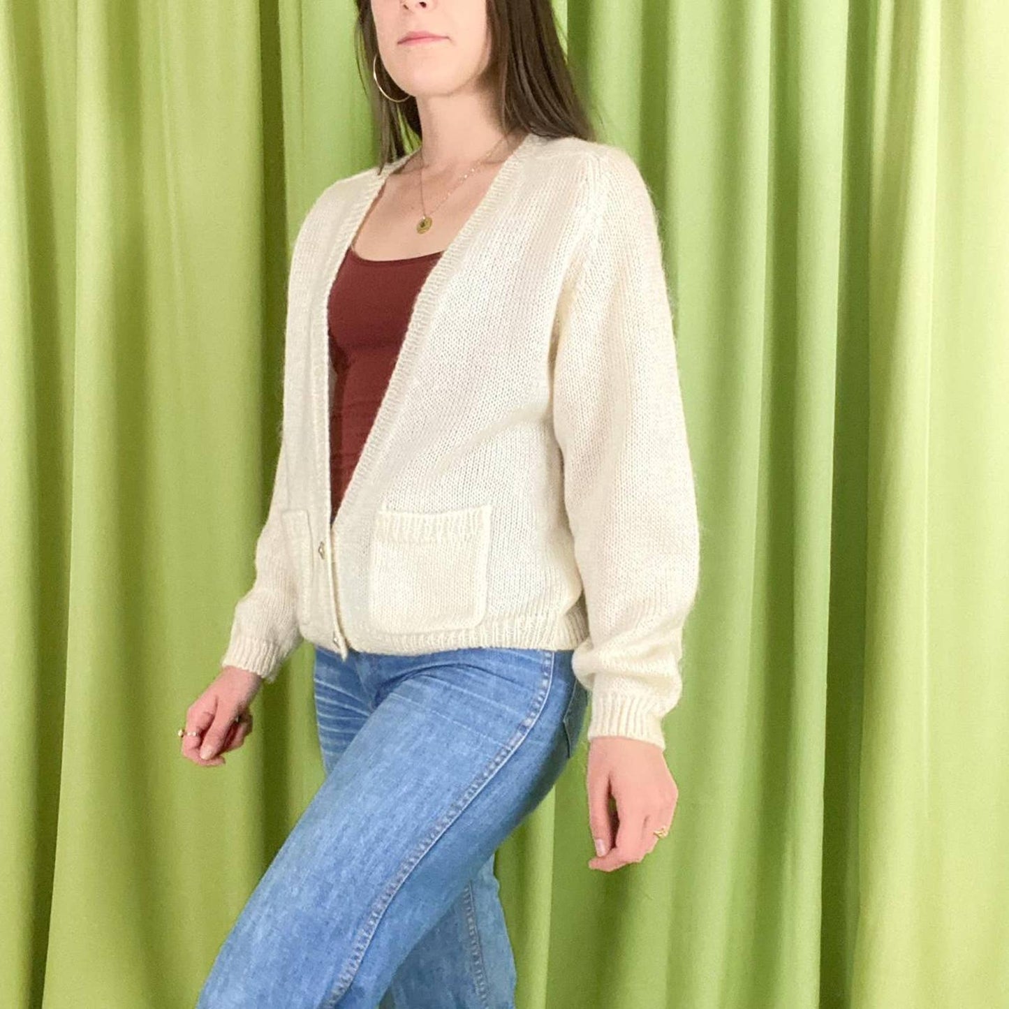 90s Vintage Off White Deep V Neck Mohair Blend Knit Cardigan