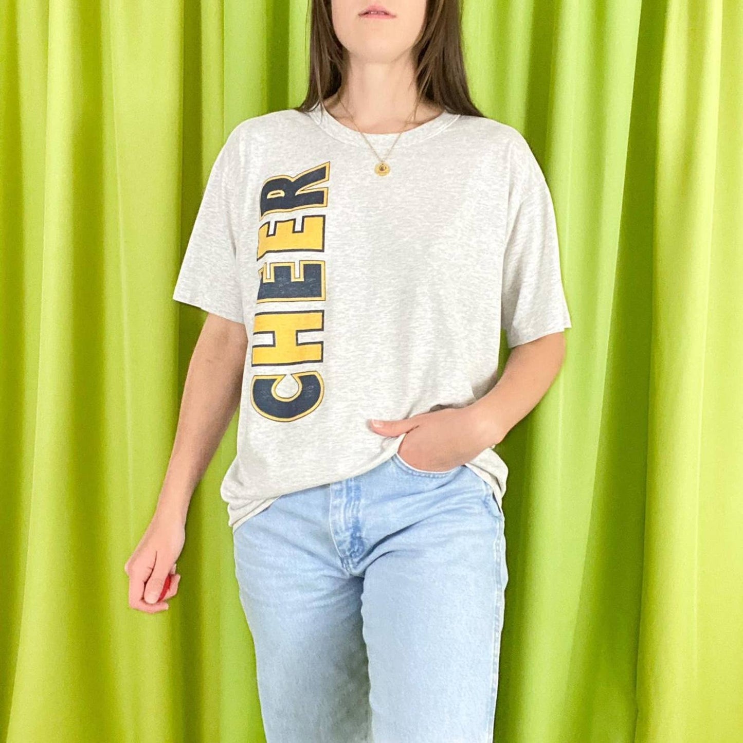 90s Vintage Light Heather Grey Navy Blue and Yellow Cheer Leader T Shirt