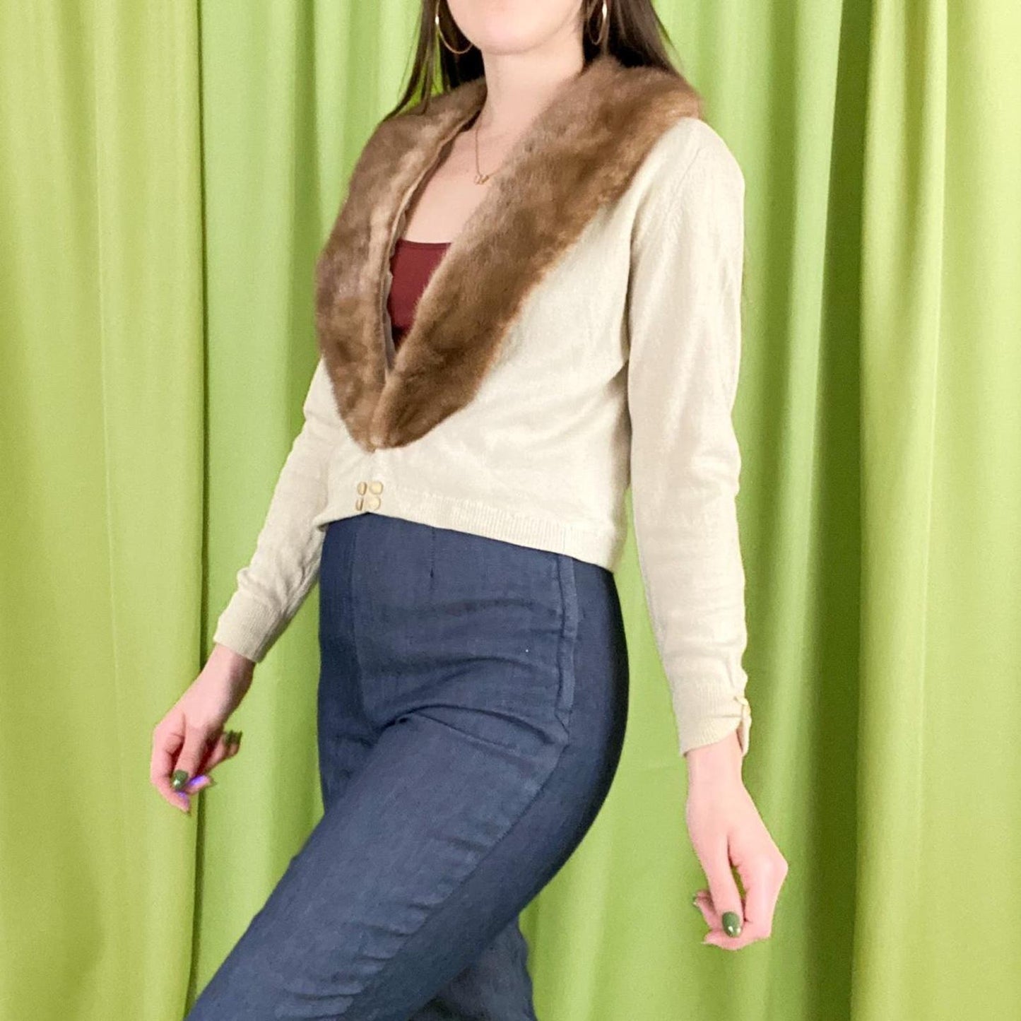 60s Vintage Beige and Brown Cashmere Cardigan with Detachable Rabbit Fur Collar