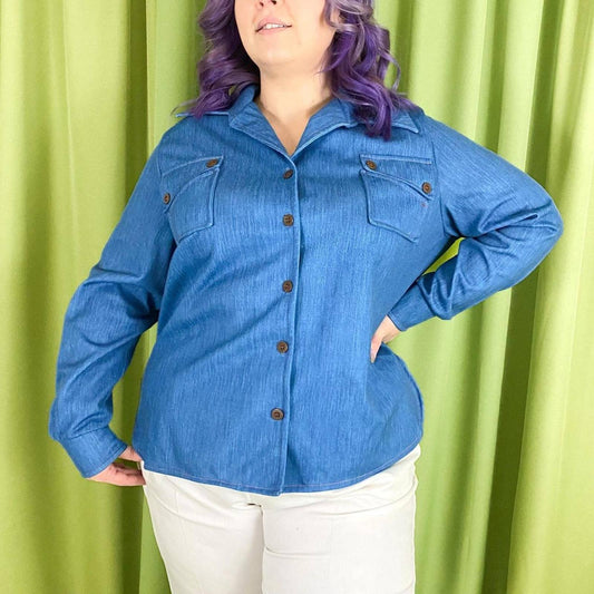 70s Vintage Blue Faux Denim Print Wide Dagger Collar Polyester Blouse