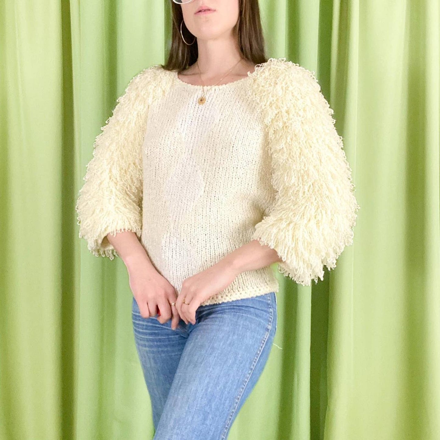 80s Vintage Cream and White Harlequin Knit Sweater with 3/4 Length Fringe Sleeves