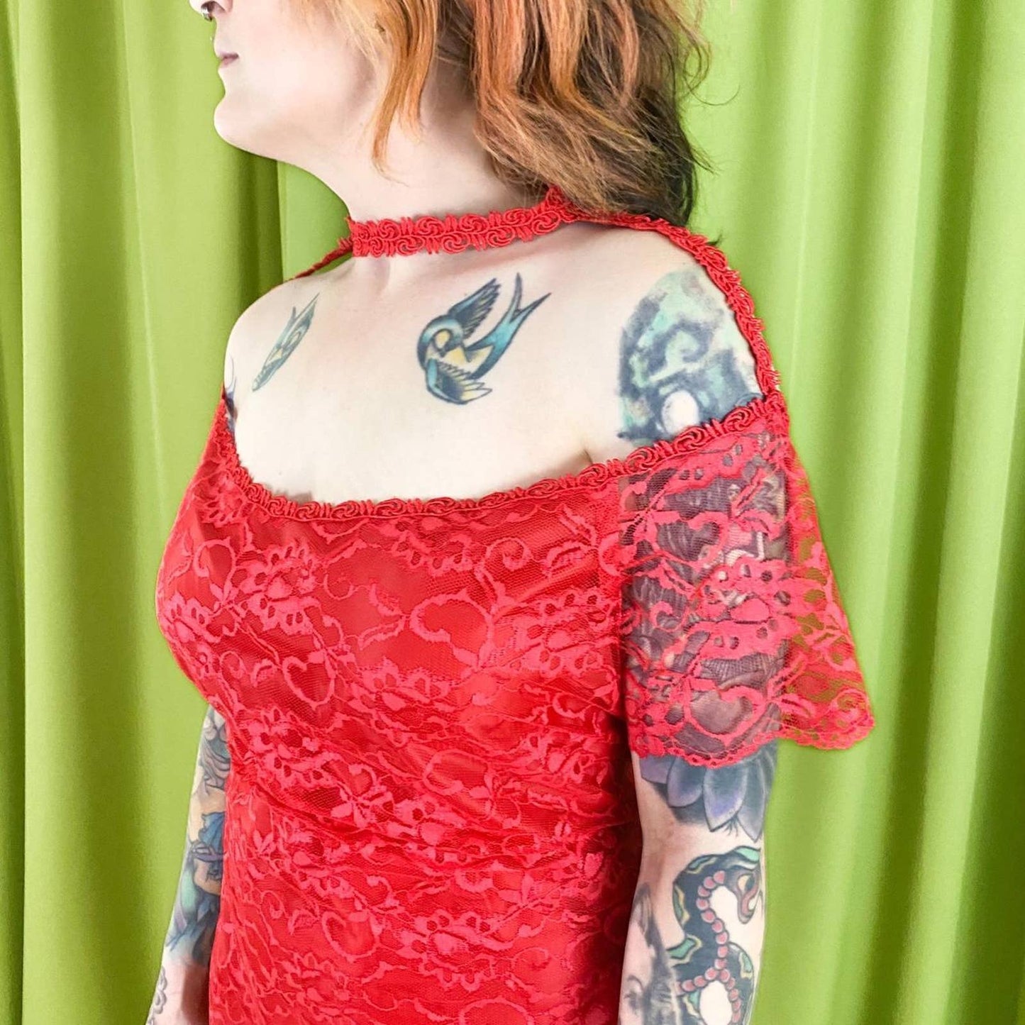 80s Vintage Red Lace Off The Shoulder Bodycon Dress with Attached Choker