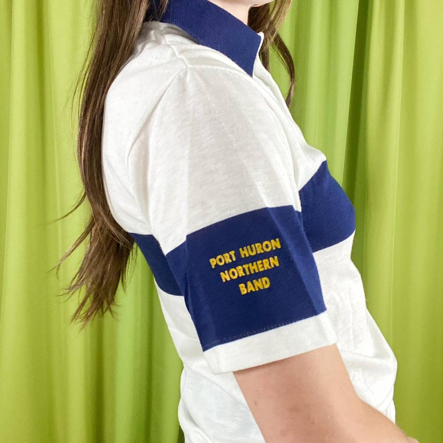 80s Vintage Navy Blue Yellow and White National Marching Band Contest Polo