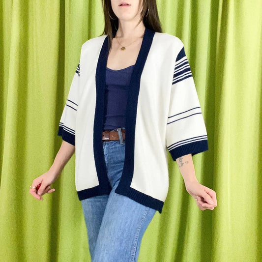 70s Vintage White and Navy Striped Wide Sleeve Open Knit Cardigan