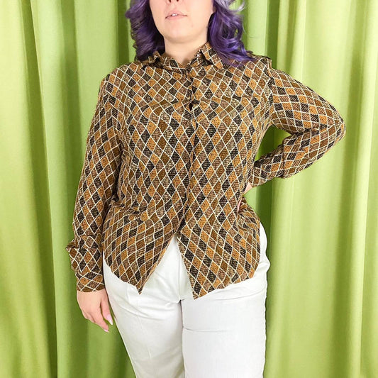 90s Vintage Black and Brown Diamond Print 100% Silk Blouse