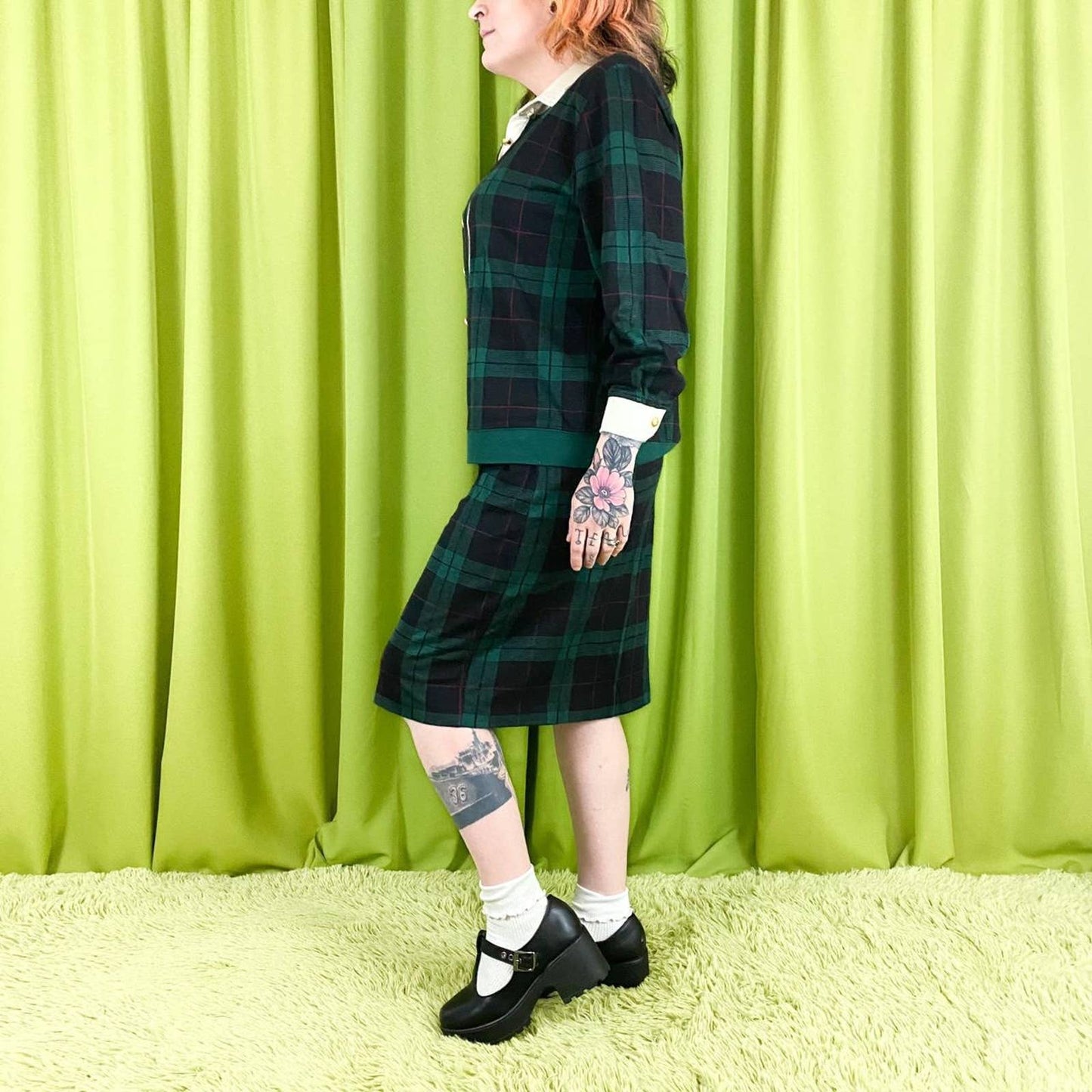 80s Vintage Navy Blue and Green Plaid 2 Piece Collared Skirt Set