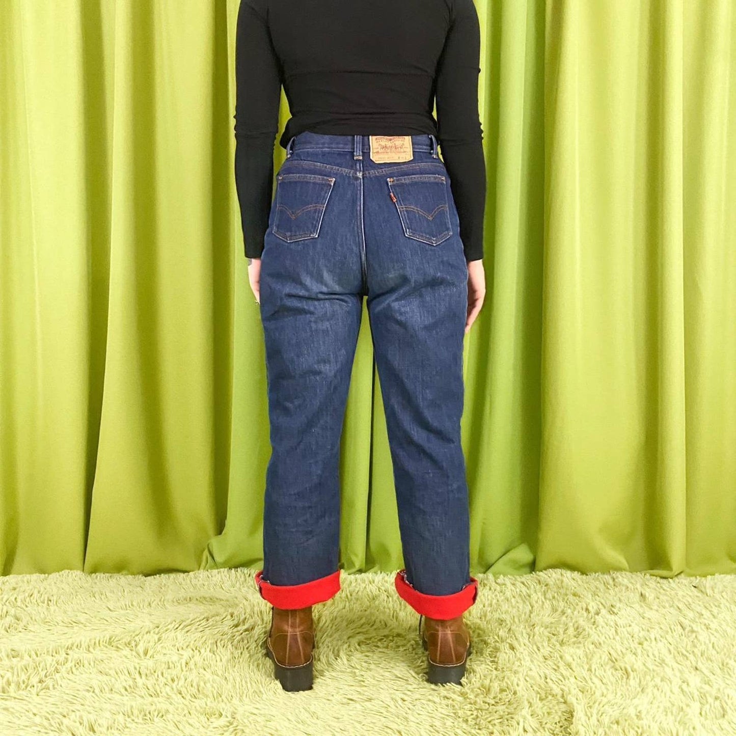 80s Vintage High Waisted Dark Wash Red Fleece Lined Orange Tab Levi’s