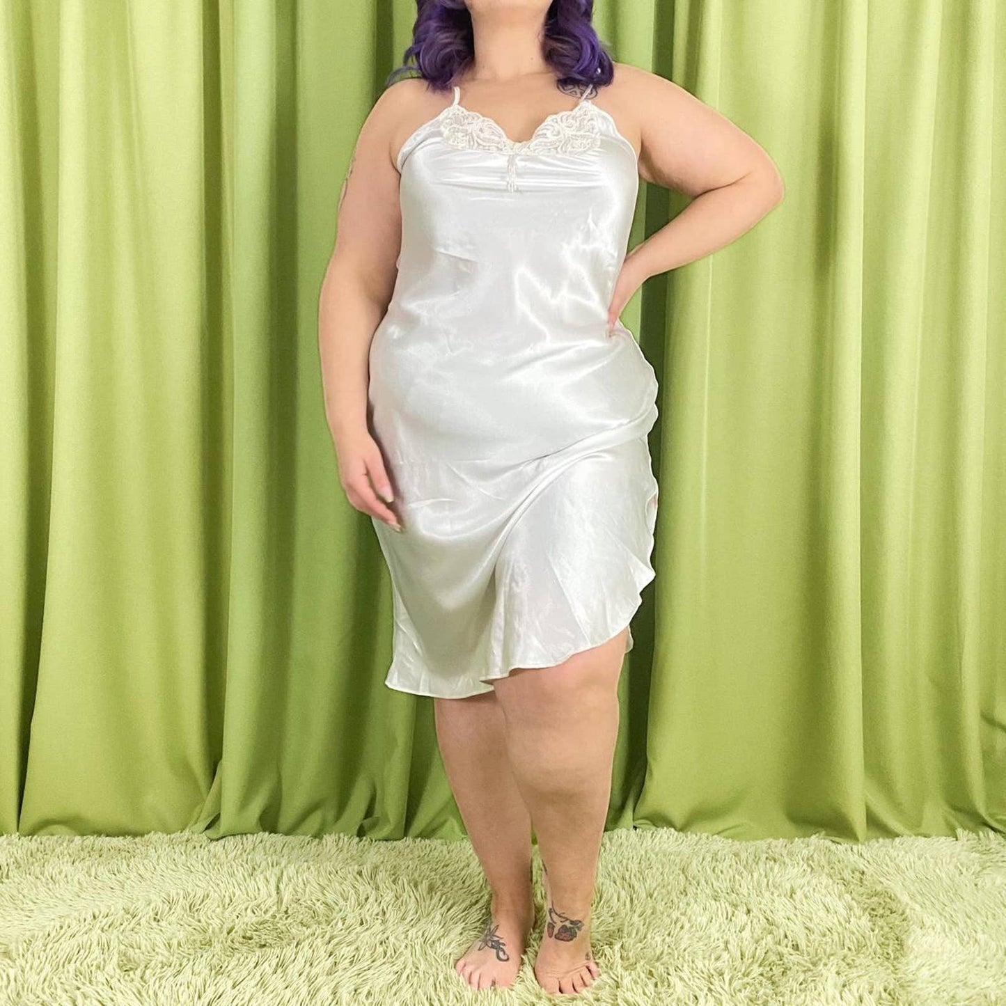 90s Vintage White Satin Frederick’s of Hollywood Mid Length Slip Dress