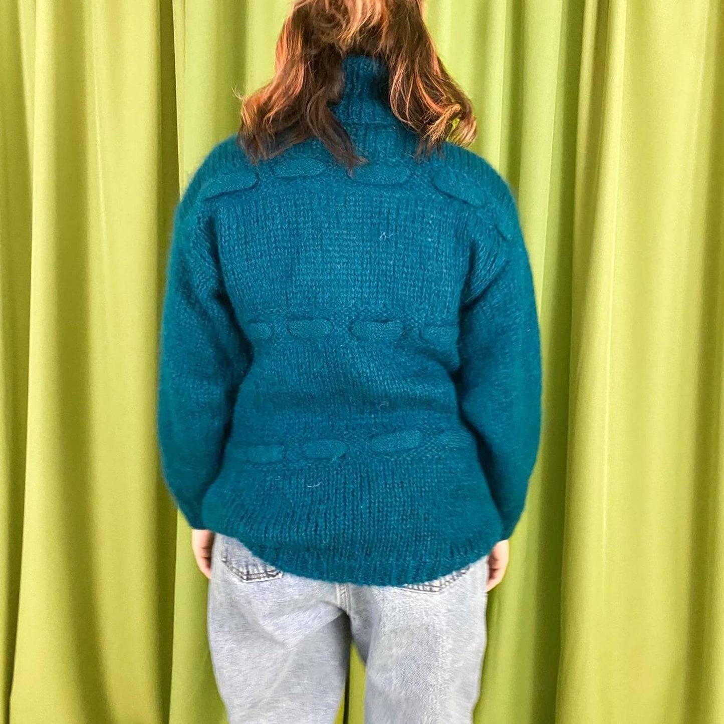 80s Vintage Teal Chunky Knit Cowl neck Turtleneck Mohair Blend Sweater