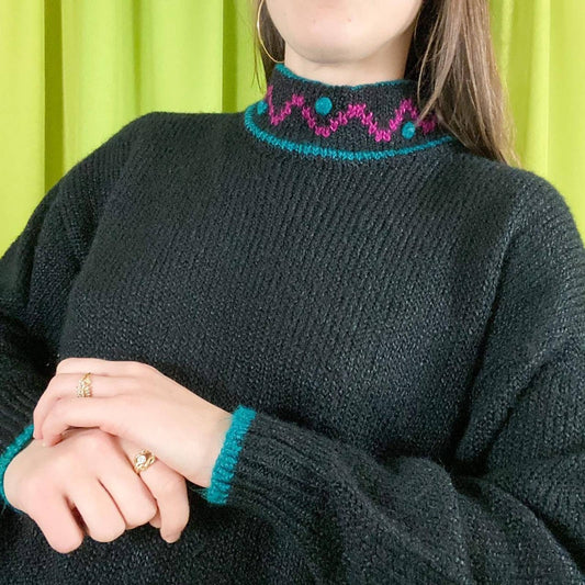 90s Vintage Black Purple and Teal Abstract Print Knit Turtleneck Sweater