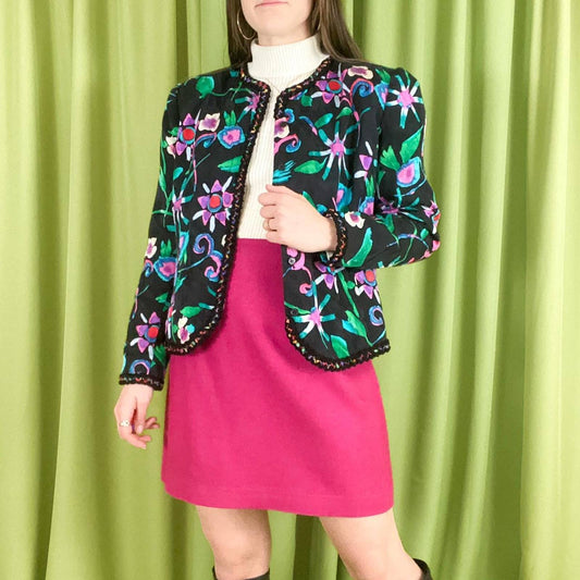 80s Vintage Black Teal and Hot Pink Floral Print 100% Silk Blazer