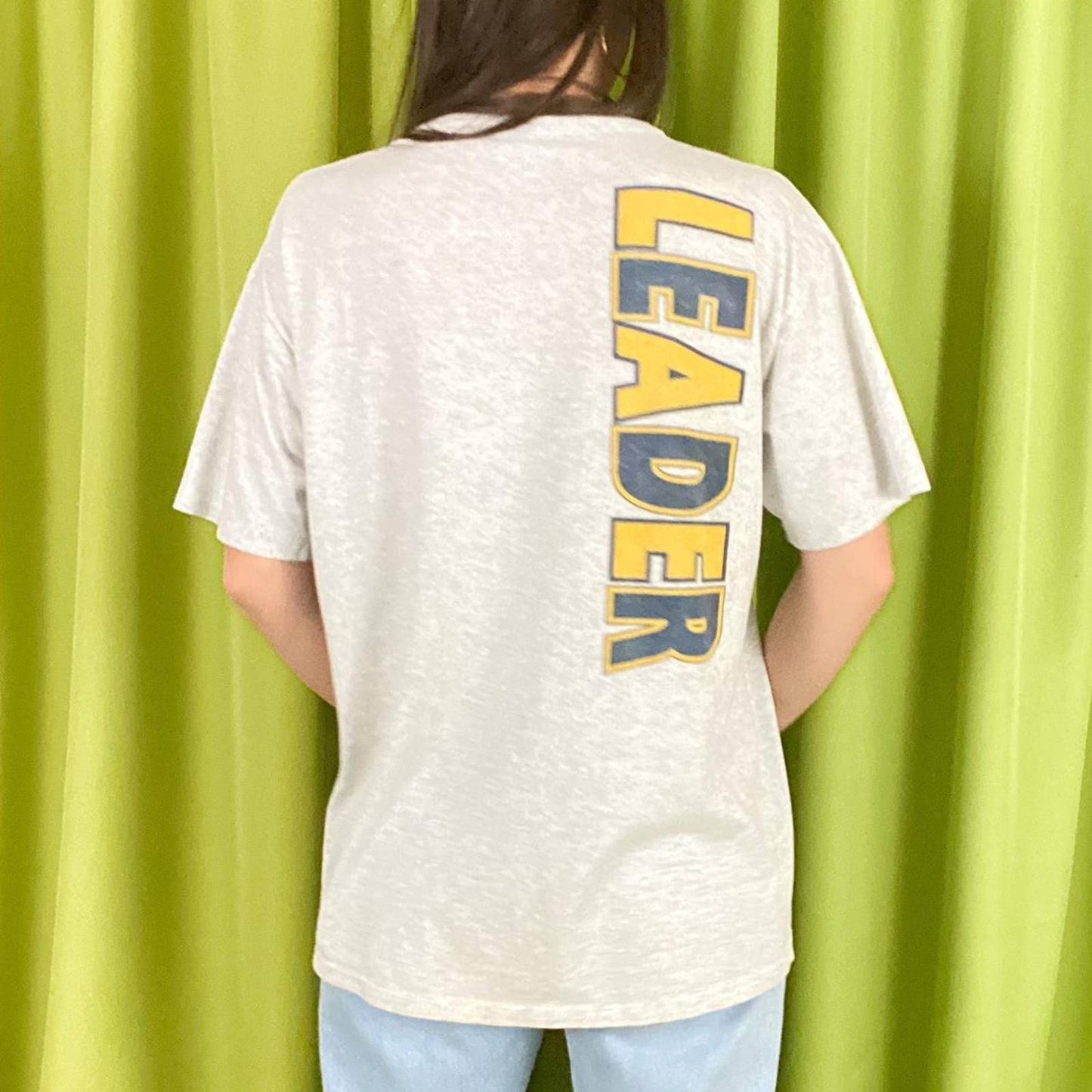 90s Vintage Light Heather Grey Navy Blue and Yellow Cheer Leader T Shirt