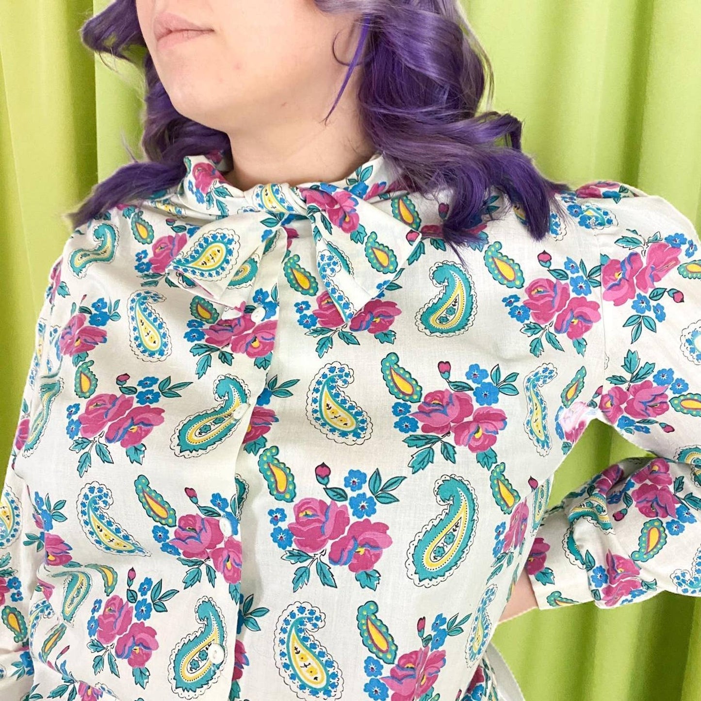 80s Vintage Blue and Pink Paisley Print Pussybow Collar Blouse