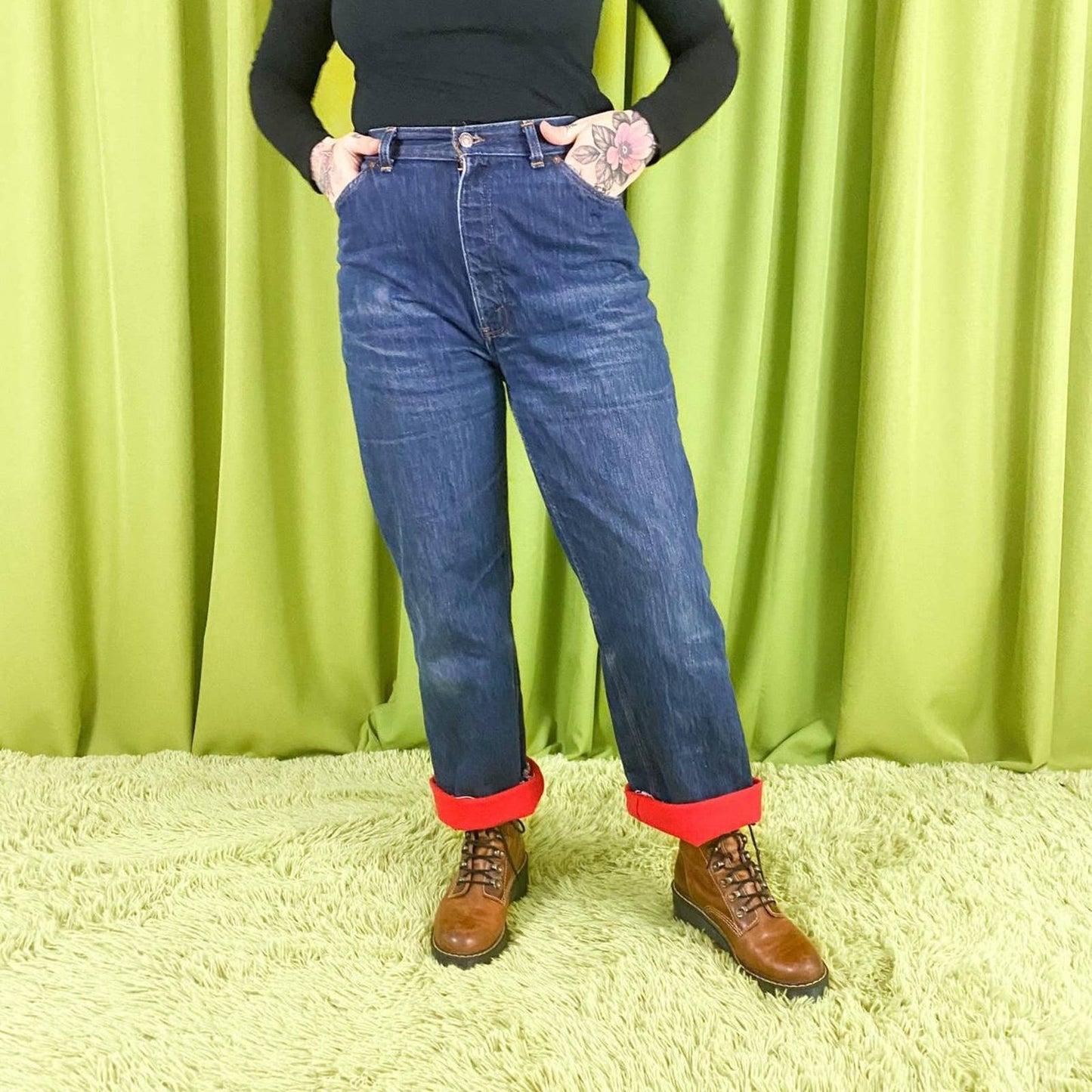 80s Vintage High Waisted Dark Wash Red Fleece Lined Orange Tab Levi’s