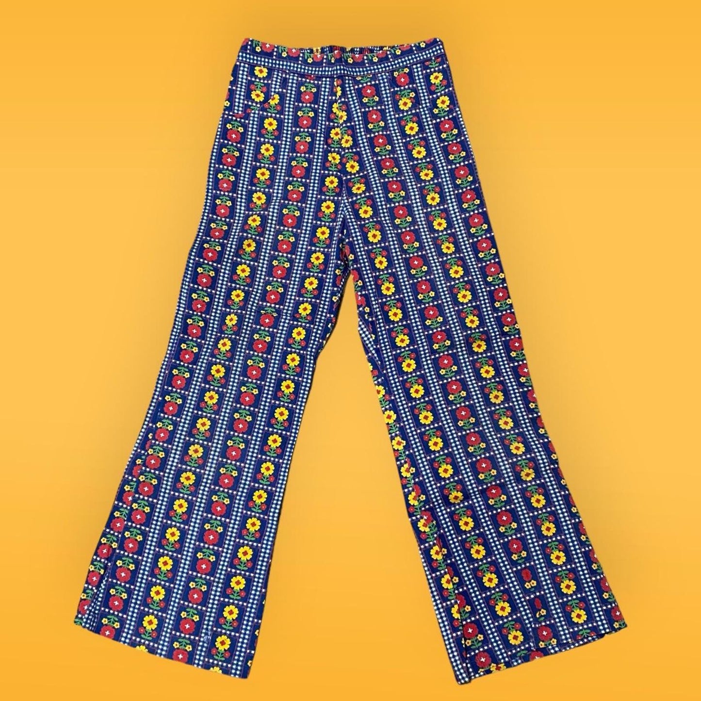 70s Vintage Navy Blue Yellow and Red Daisy Floral Print Children’s Bellbottoms