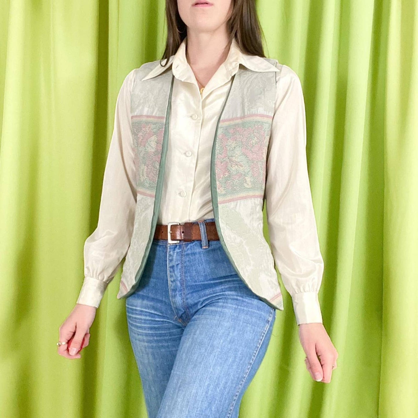 80s Vintage Pastel Pink and Green Tapestry Waistcoat Style Vest