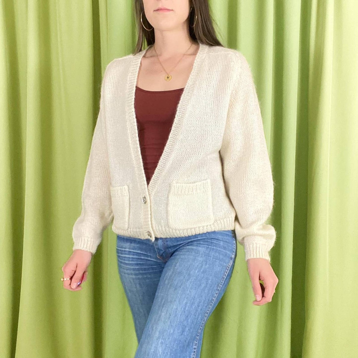 90s Vintage Off White Deep V Neck Mohair Blend Knit Cardigan