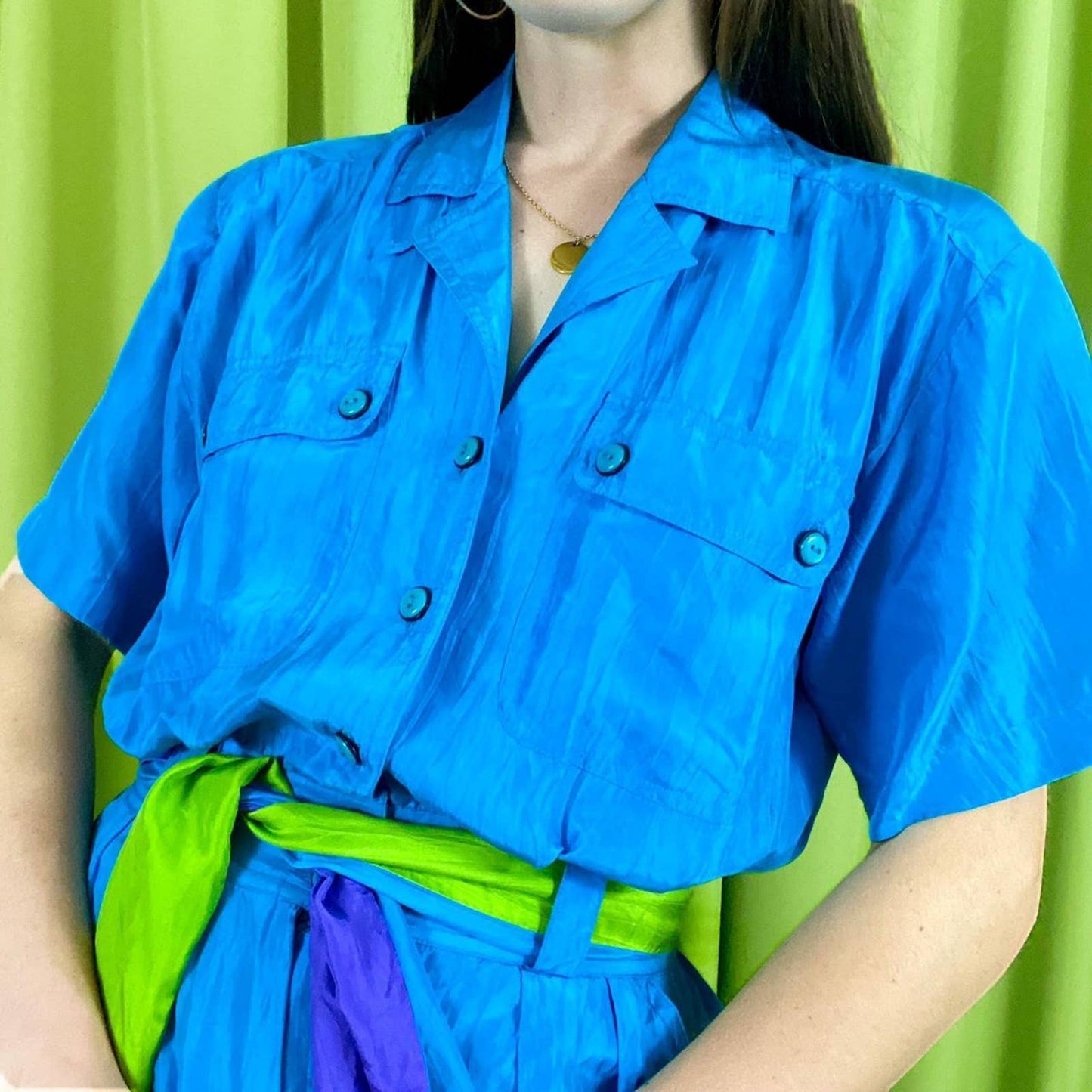 80s Vintage Blue Purple and Green Short Sleeve 100% Silk Coveralls Jumpsuit