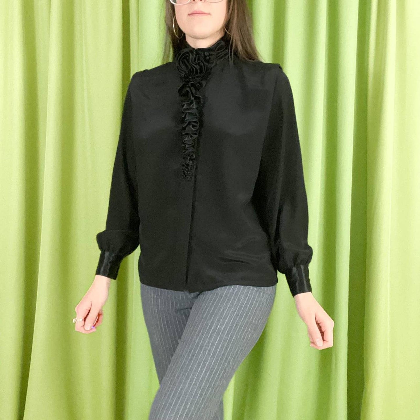 80s Vintage Black Reverse Satin Floral Mock Neck Collared Long Sleeve Blouse