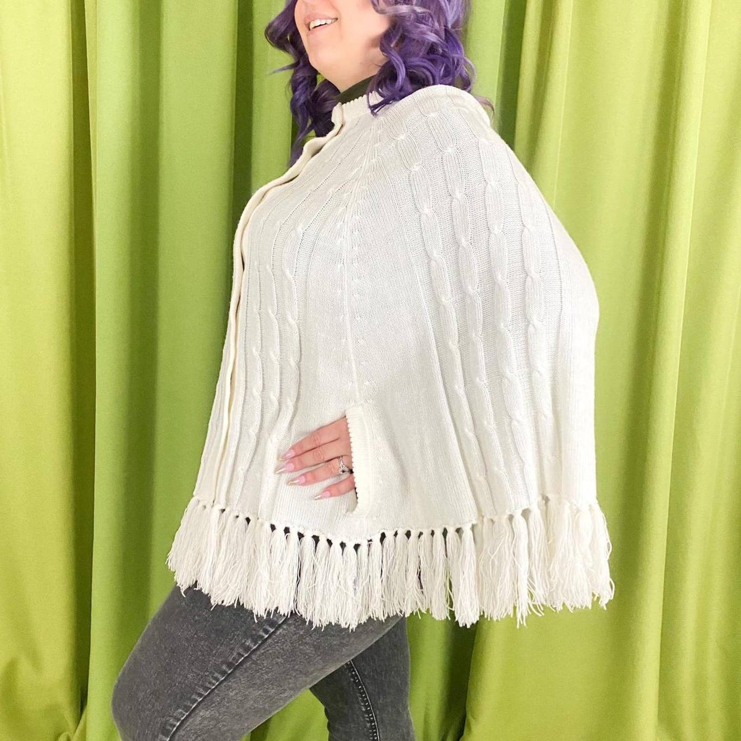 60s Vintage White Crochet Collared Poncho Shawl with Fringe