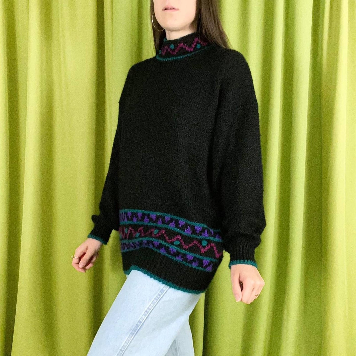 90s Vintage Black Purple and Teal Abstract Print Knit Turtleneck Sweater