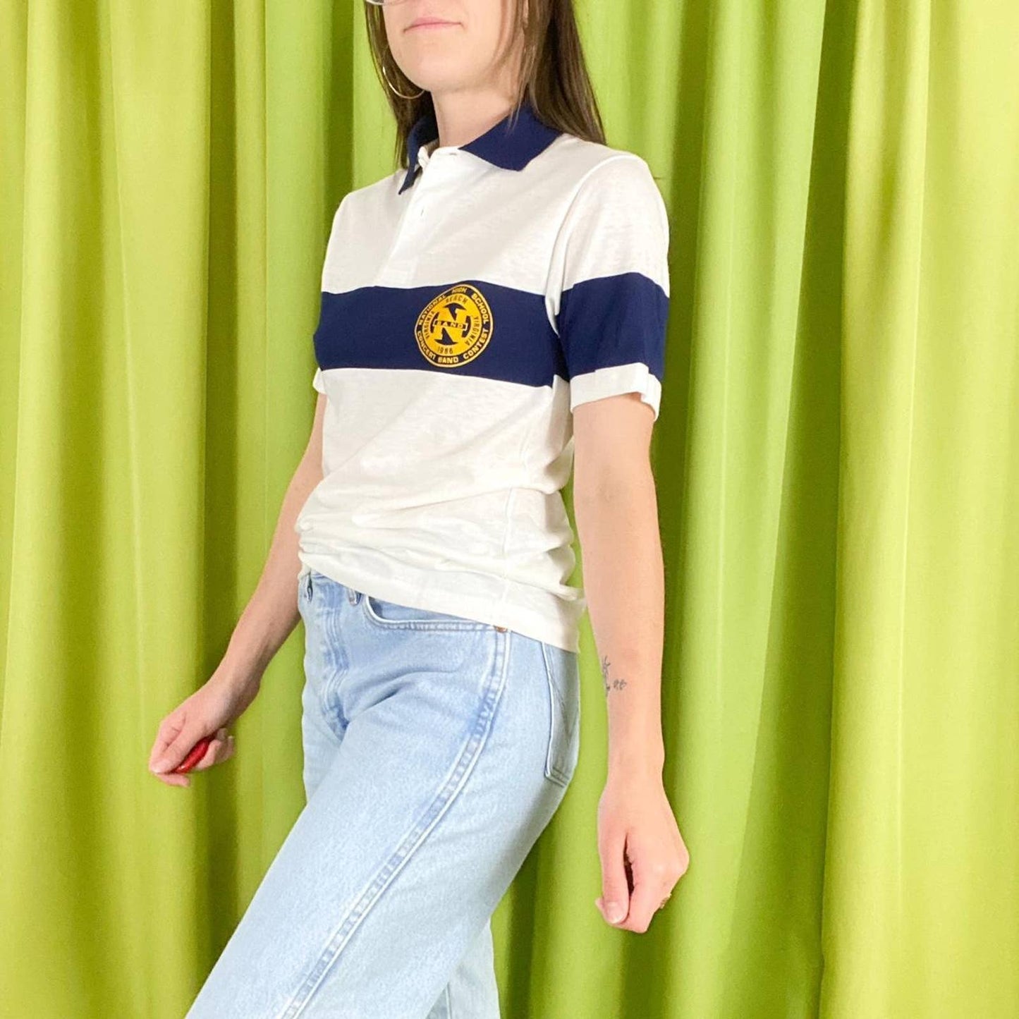 80s Vintage Navy Blue Yellow and White National Marching Band Contest Polo