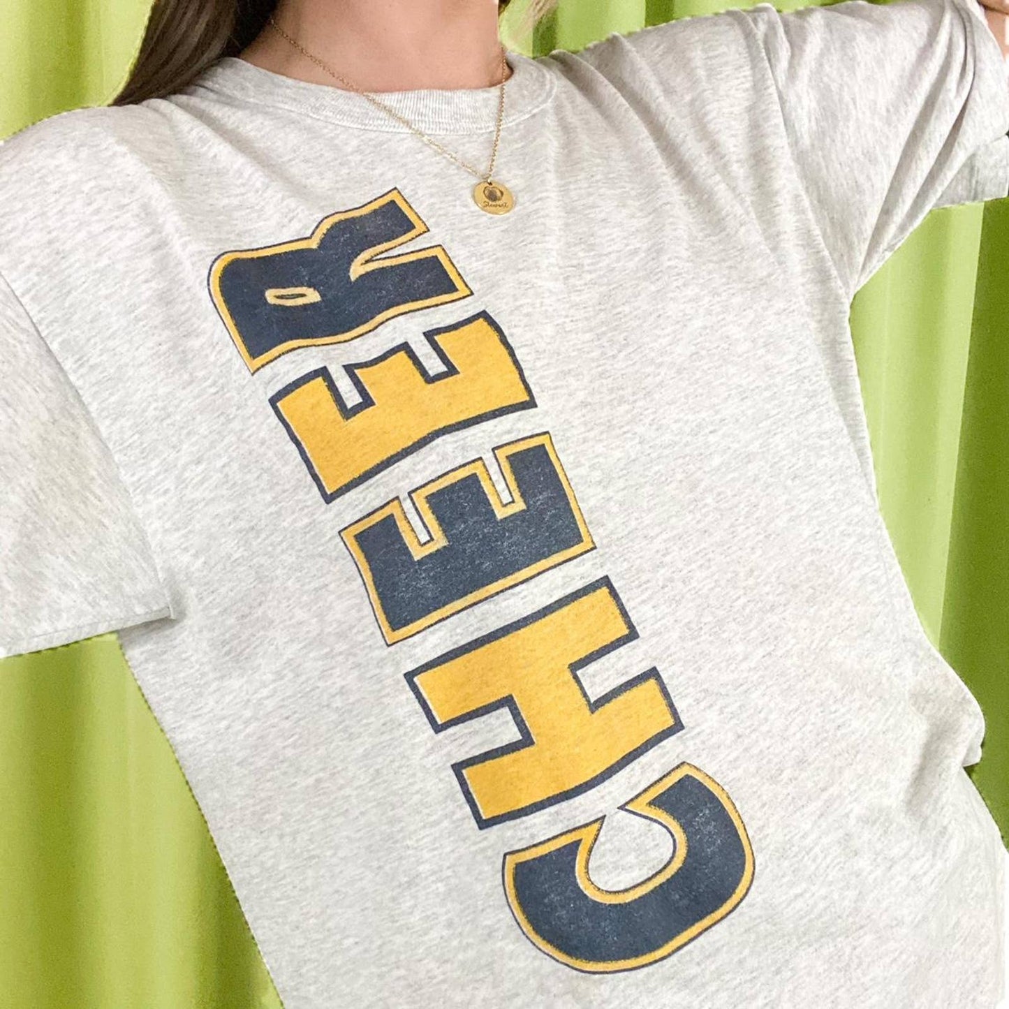 90s Vintage Light Heather Grey Navy Blue and Yellow Cheer Leader T Shirt