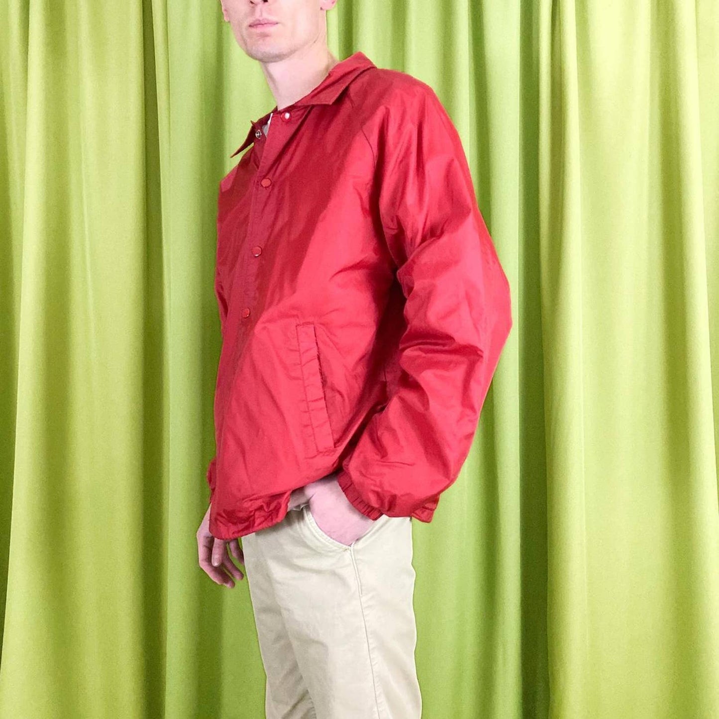 80s Vintage Red Blank Jersey Lined Collared Windbreaker