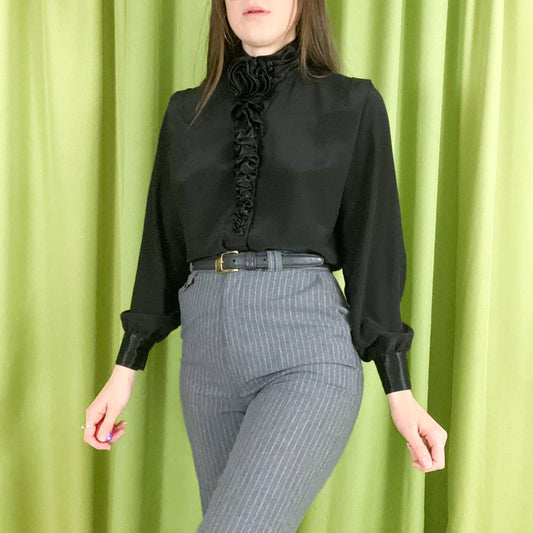 80s Vintage Black Reverse Satin Floral Mock Neck Collared Long Sleeve Blouse