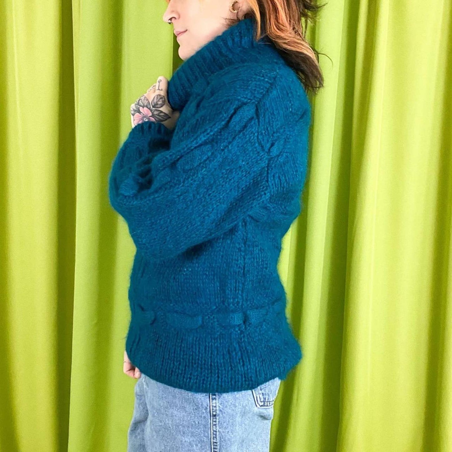 80s Vintage Teal Chunky Knit Cowl neck Turtleneck Mohair Blend Sweater