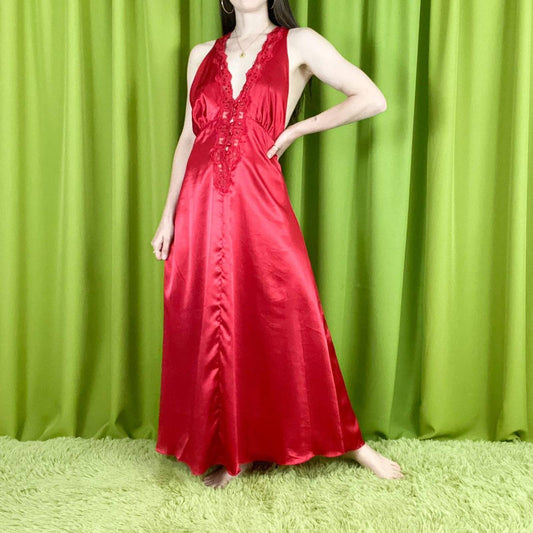 90s Vintage Red Satin Open Back Plunge Neckline Nightgown Slip Dress