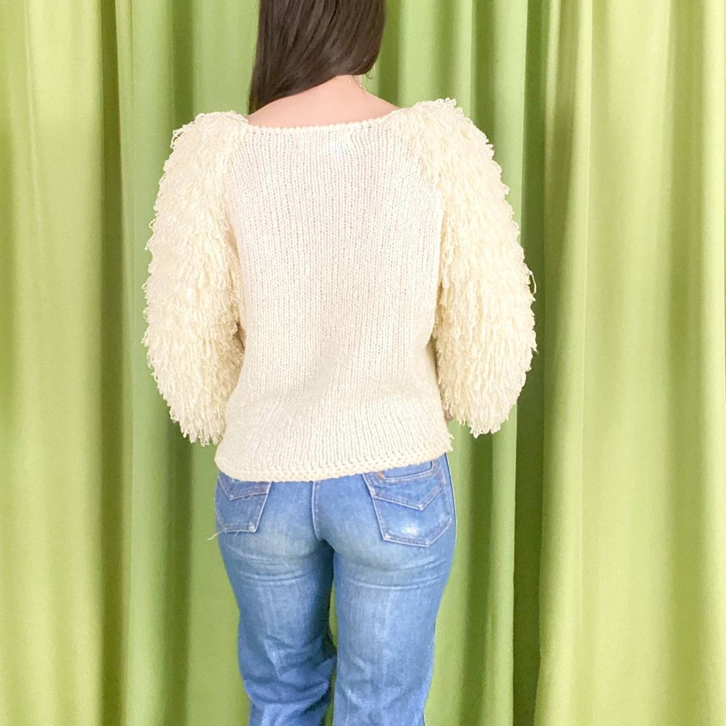 80s Vintage Cream and White Harlequin Knit Sweater with 3/4 Length Fringe Sleeves