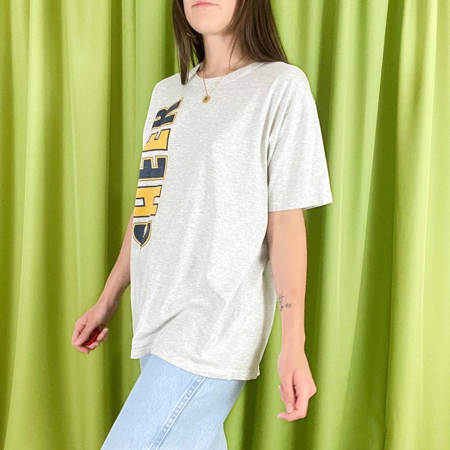 90s Vintage Light Heather Grey Navy Blue and Yellow Cheer Leader T Shirt