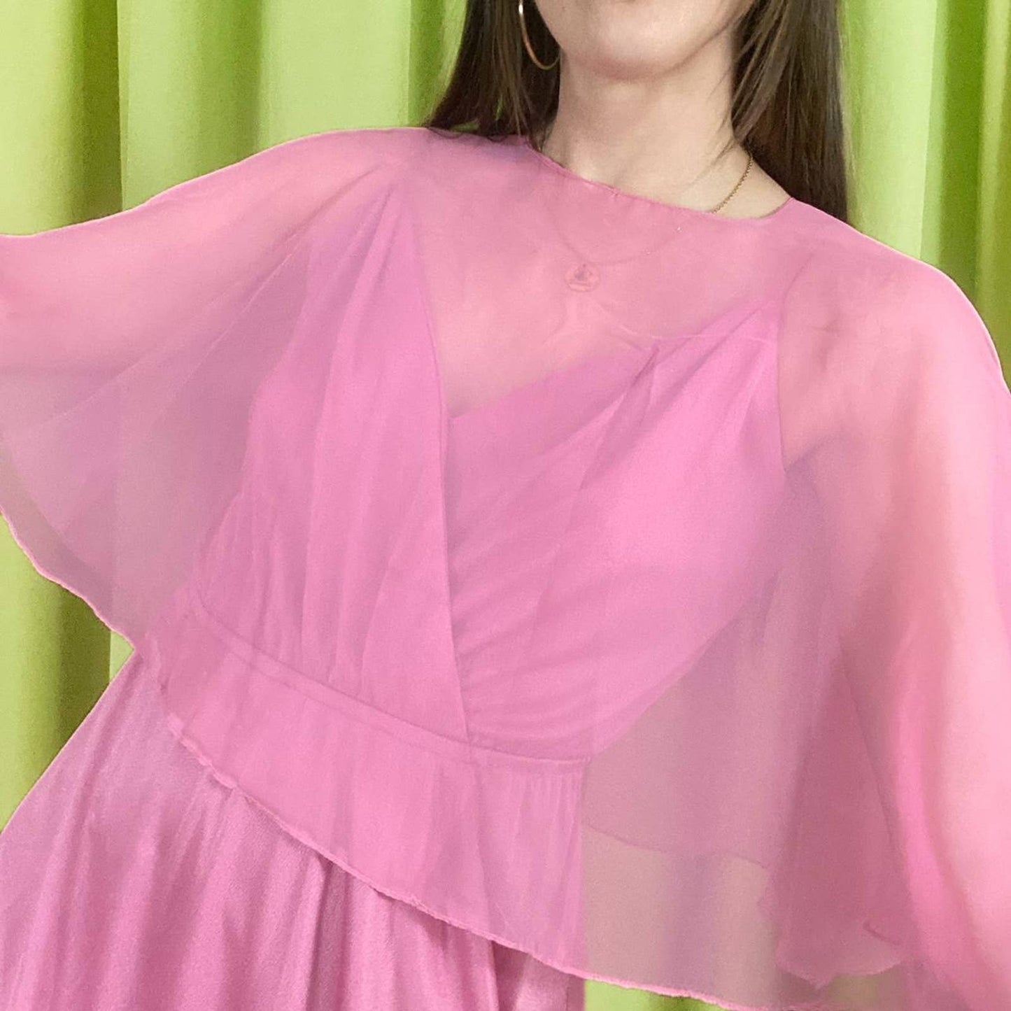 70s Vintage Pink Mauve V Neck Ankle Length Gown with Sheer Cape