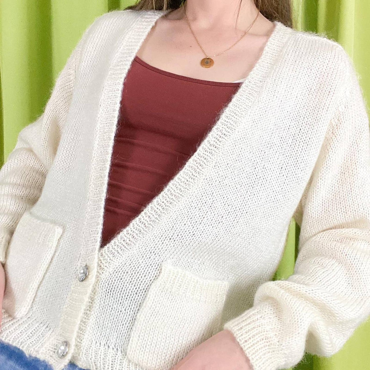 90s Vintage Off White Deep V Neck Mohair Blend Knit Cardigan