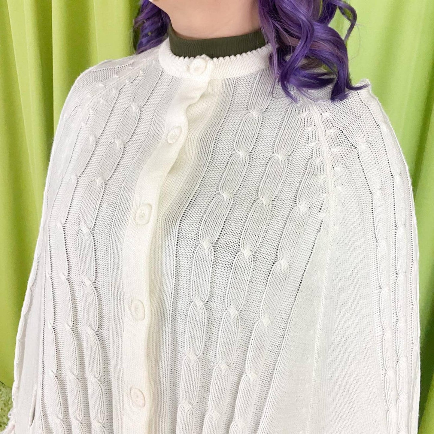 60s Vintage White Crochet Collared Poncho Shawl with Fringe