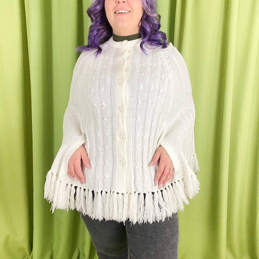 60s Vintage White Crochet Collared Poncho Shawl with Fringe