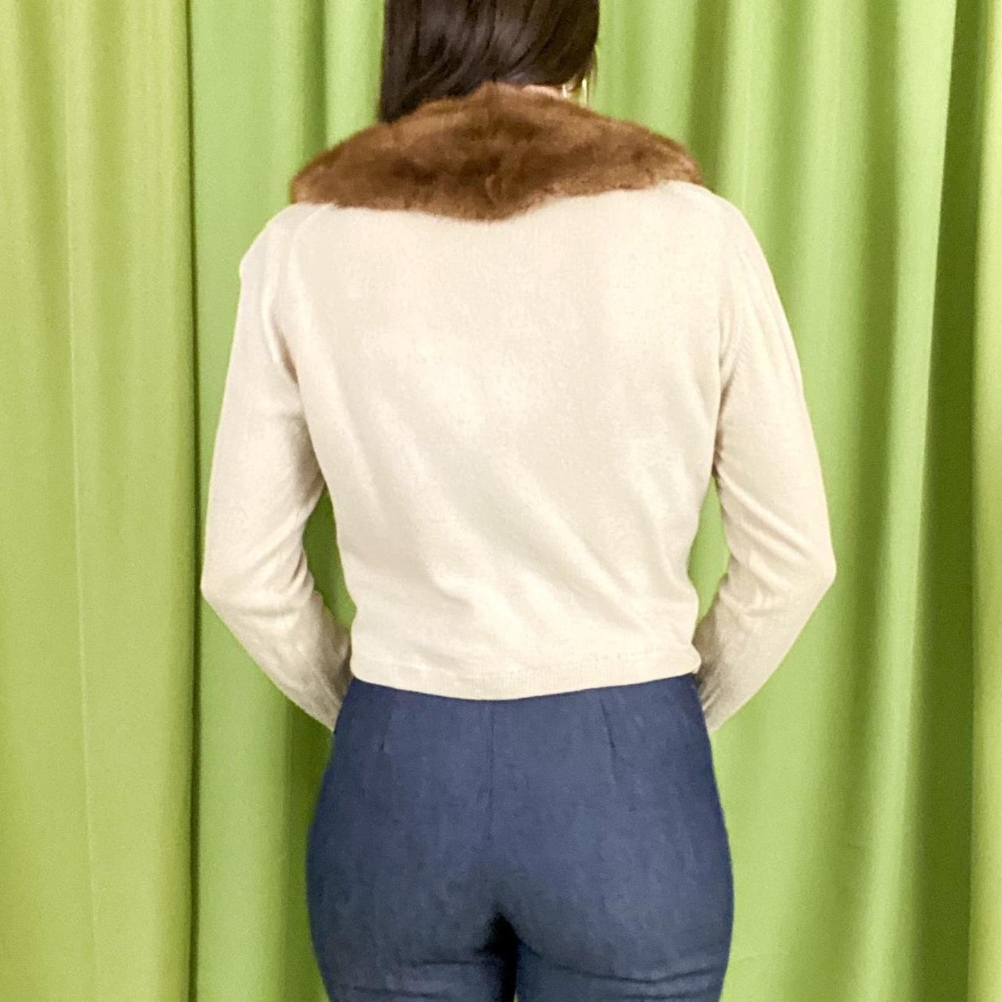 60s Vintage Beige and Brown Cashmere Cardigan with Detachable Rabbit Fur Collar