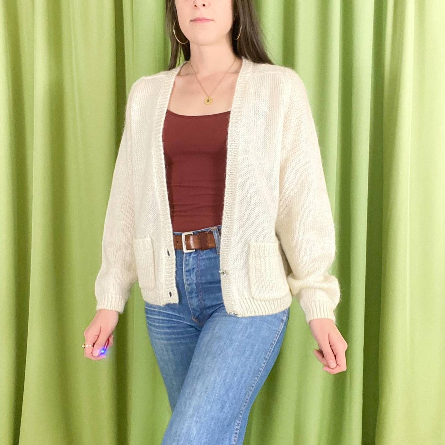 90s Vintage Off White Deep V Neck Mohair Blend Knit Cardigan