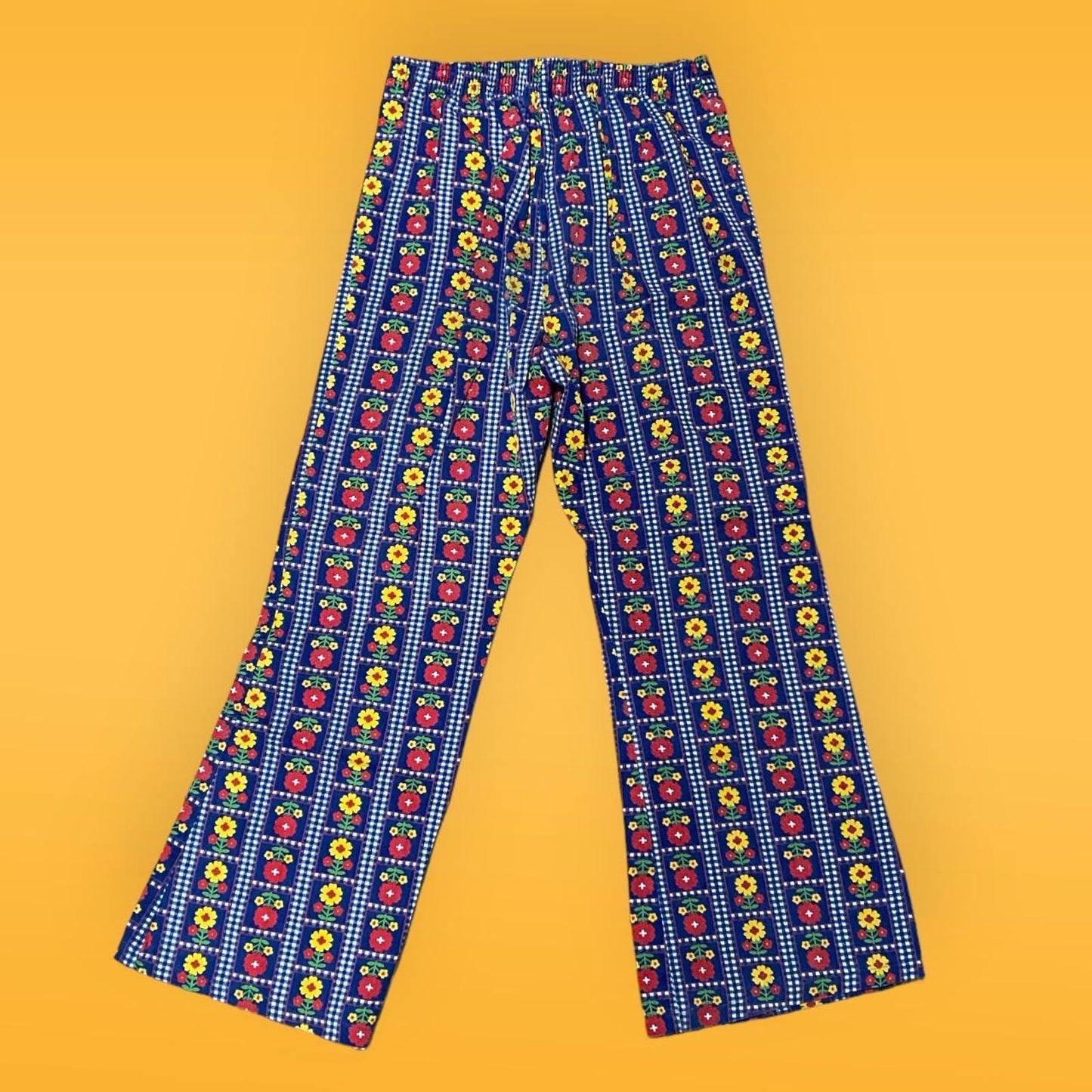 70s Vintage Navy Blue Yellow and Red Daisy Floral Print Children’s Bellbottoms