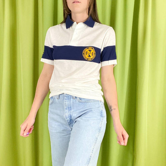 80s Vintage Navy Blue Yellow and White National Marching Band Contest Polo