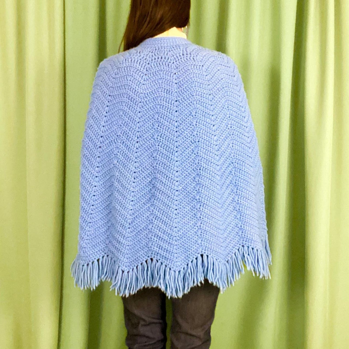 70s Vintage Periwinkle Blue Chevron Knit Mock Neck Poncho with Fringe Trim