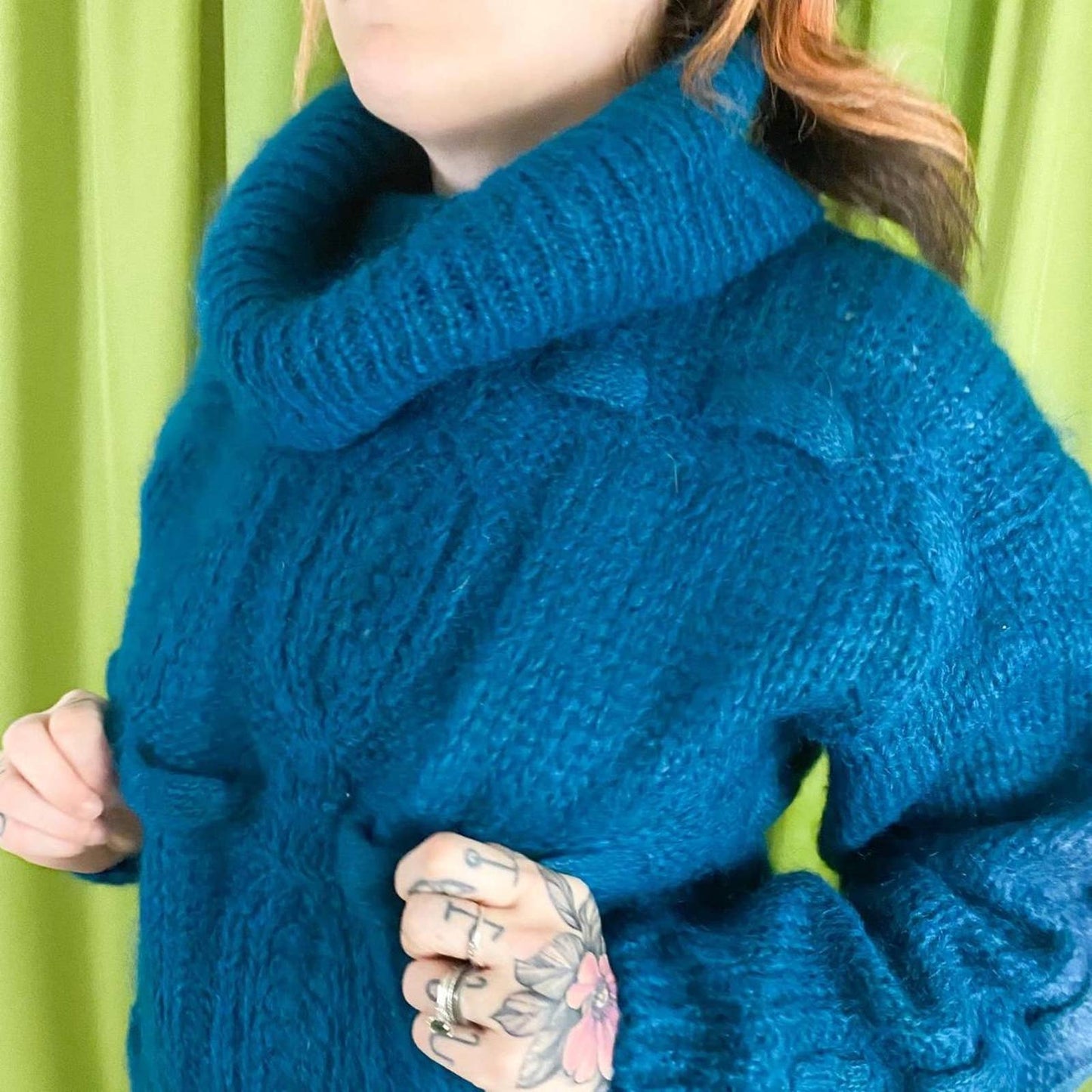 80s Vintage Teal Chunky Knit Cowl neck Turtleneck Mohair Blend Sweater