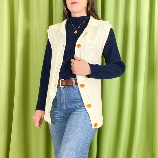 70s Vintage Off White Knit Sweater Vest with Wooden Buttons