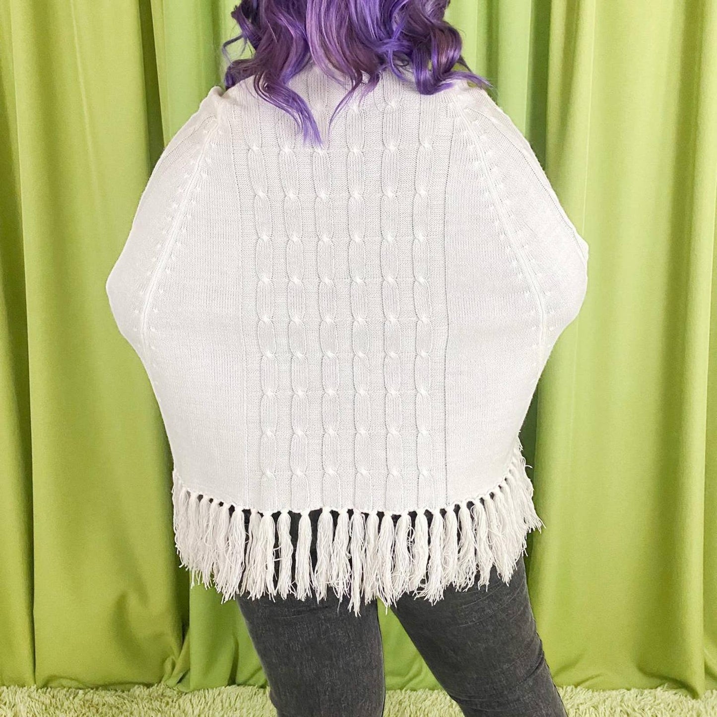 60s Vintage White Crochet Collared Poncho Shawl with Fringe