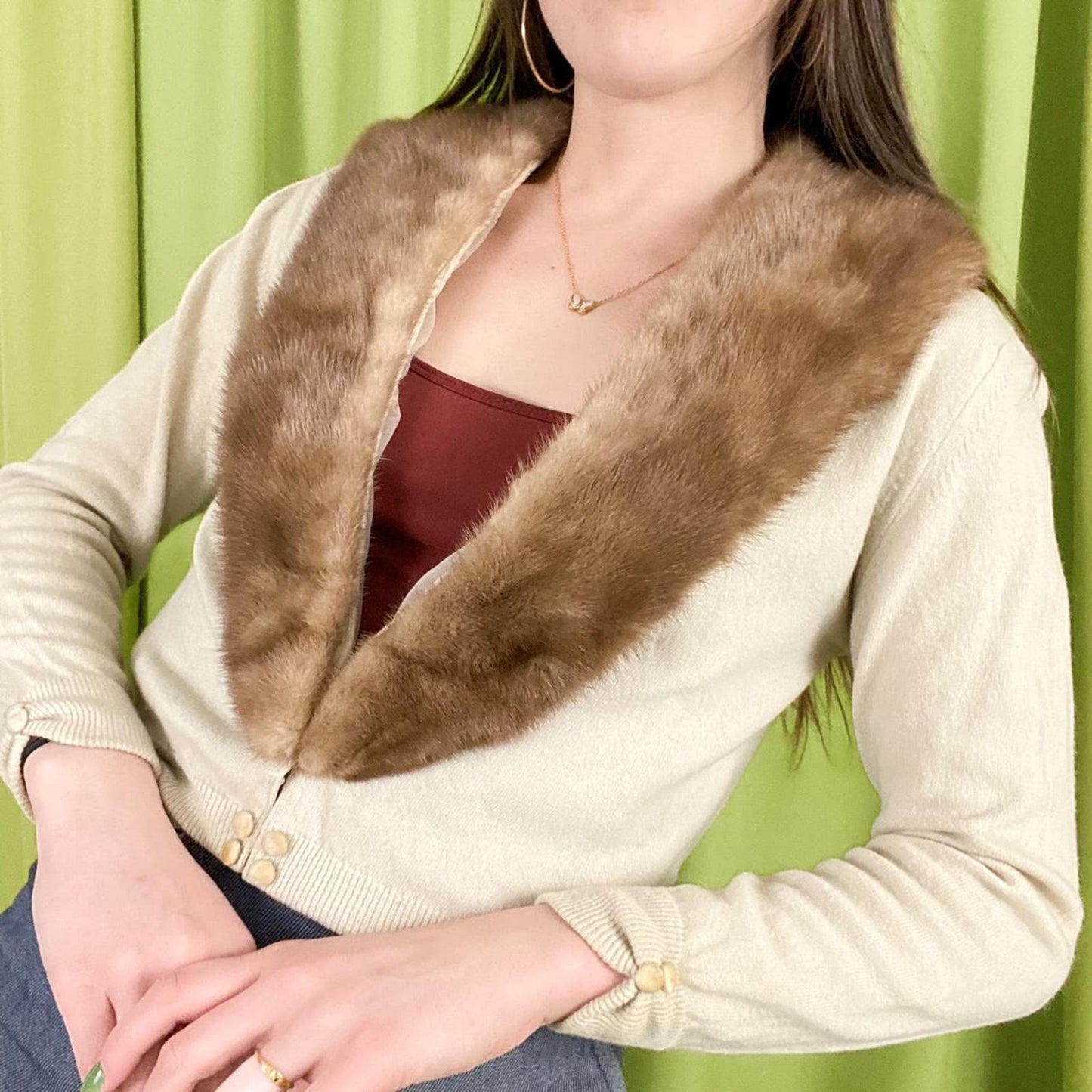 60s Vintage Beige and Brown Cashmere Cardigan with Detachable Rabbit Fur Collar