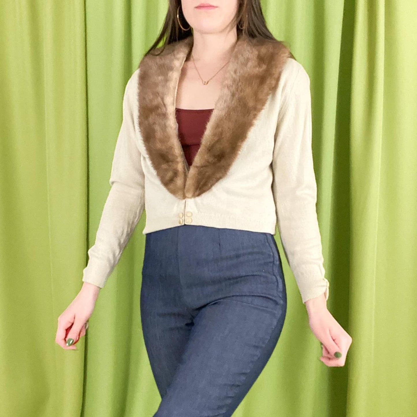 60s Vintage Beige and Brown Cashmere Cardigan with Detachable Rabbit Fur Collar