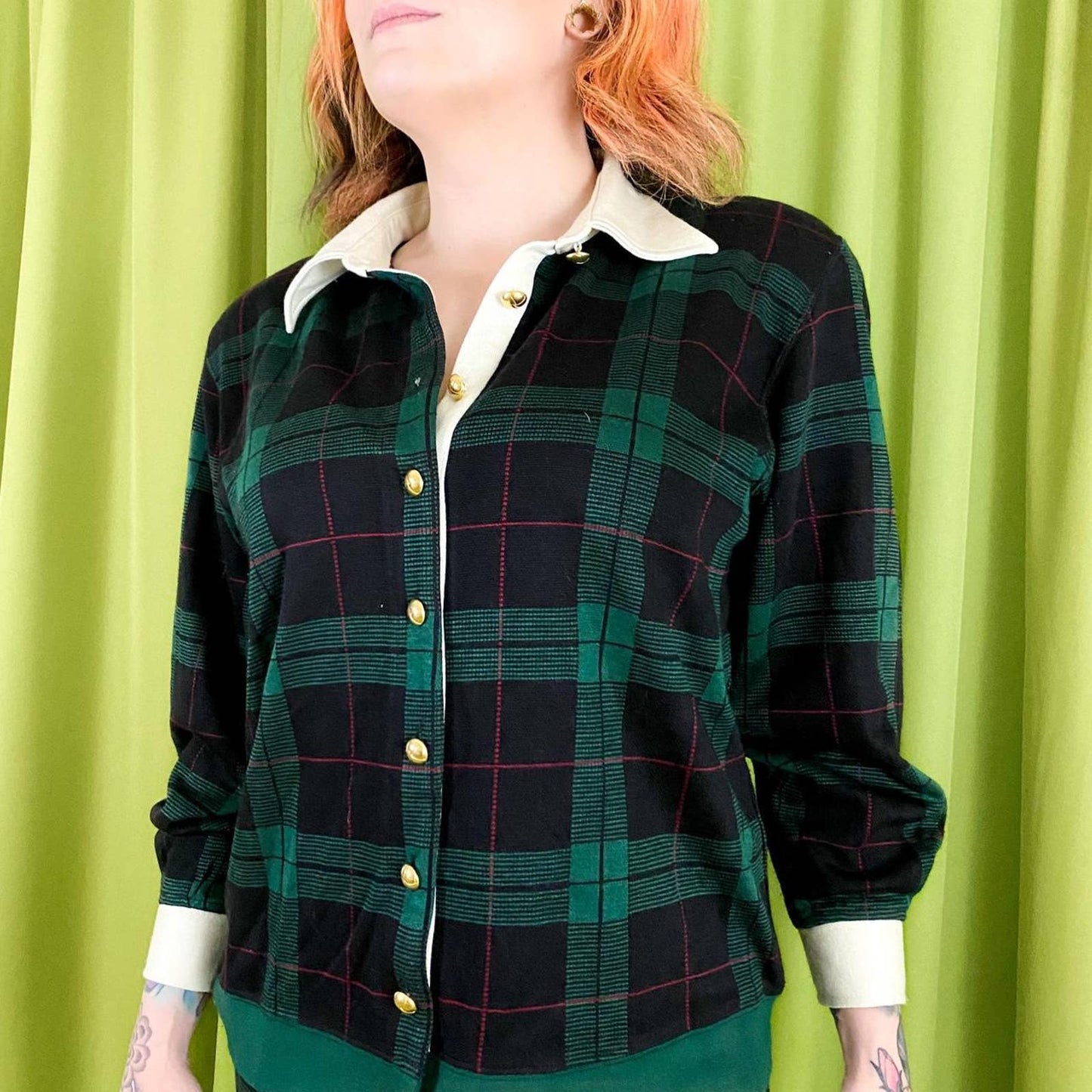 80s Vintage Navy Blue and Green Plaid 2 Piece Collared Skirt Set