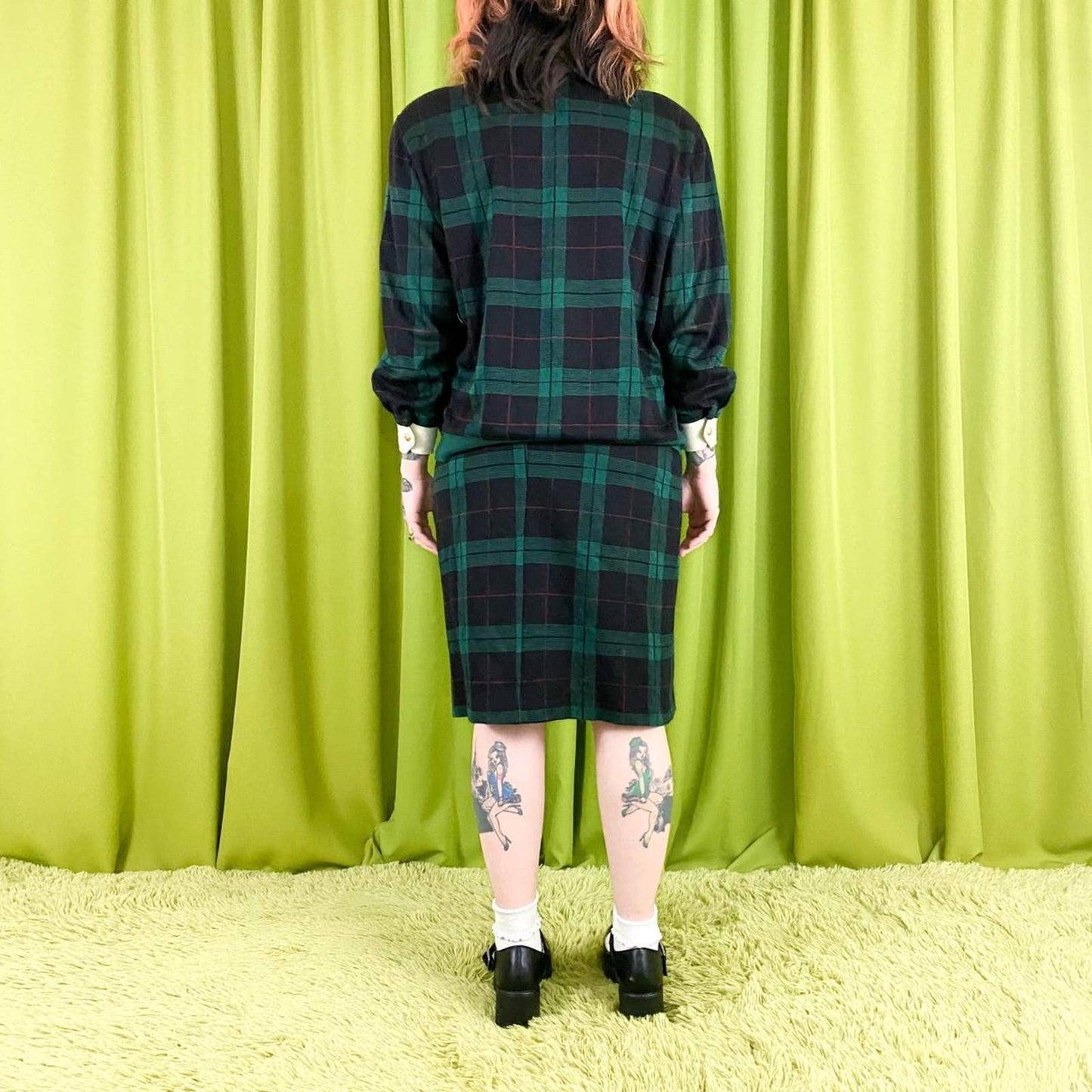 80s Vintage Navy Blue and Green Plaid 2 Piece Collared Skirt Set